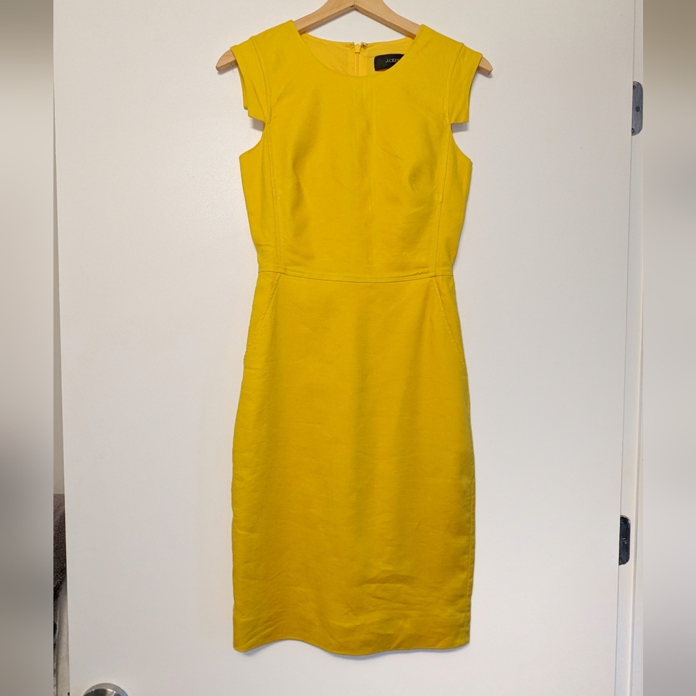 J Crew Resume Sheath Dress in stretch linen golden sun yellow sz 00